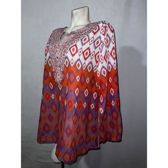 SOFT SURROUNDINGS Top Size XL Pink Purple Embroidery Neck Cinnabar Ikat Tunic - Picture 5 of 7